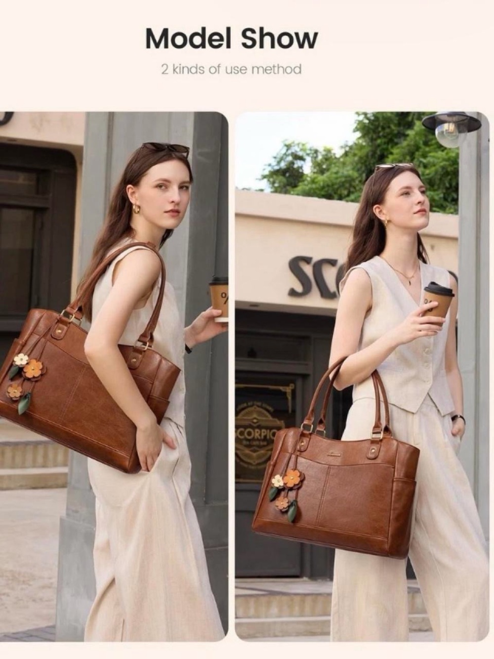 Lovevook Brown Leather Tote with Floral Charm